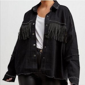 Zara Black Western Rhinestone Sparkle Fringe Denim Jacket Size XS Oversized